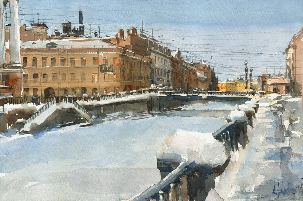 February. Griboyedov Canal. 2018. Watercolor on paper, 36x56 cm