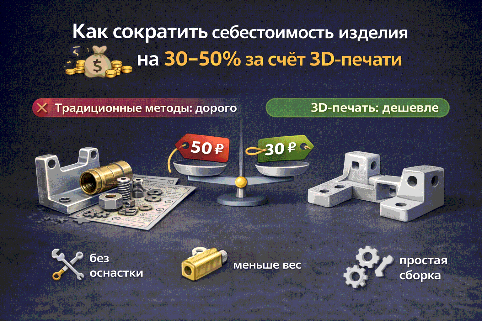 Как сократить себестоимость изделия на 30–50% за счёт 3D-печати ️