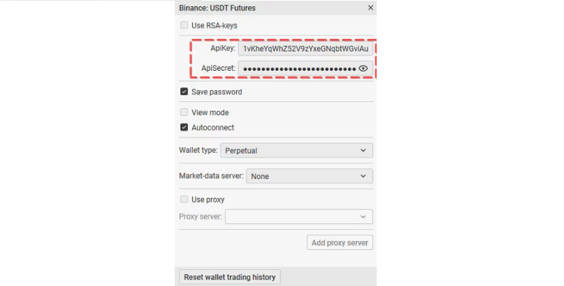 Binance Futures API Key and Secret Key fields in the CScalp platform