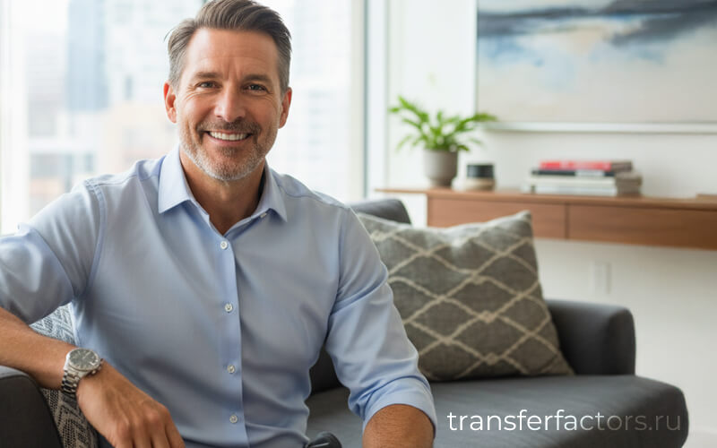 Улыбающийся мужчина 40+ в светло-голубой рубашке сидит на диване дома, уютный интерьер, transferfactors.ru