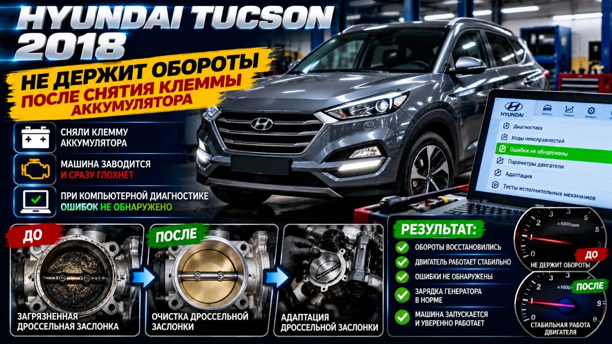 Hyundai Tucson 2018 заводится и глохнет после снятия аккумулятора — чистка дросселя