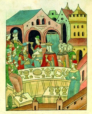 Свадьба великого князя Димитрия Иоанновича и великой княгини Евдокии Димитриевны. Миниатюра из Лицевого летописного свода. 70-е гг. XVI в.