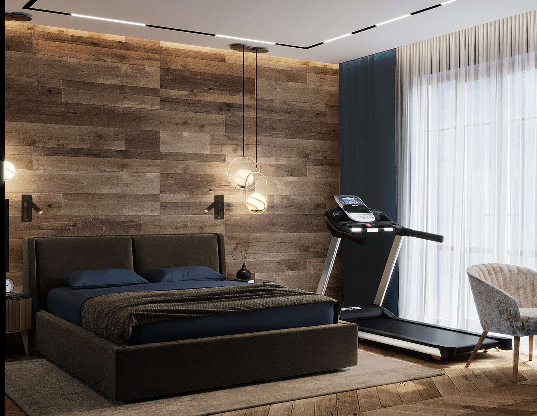 деревянная стена, тренажёр, коричневая кровать, тёмно-синяя штора, деревянный пол, магнитный шинопровод на потолке