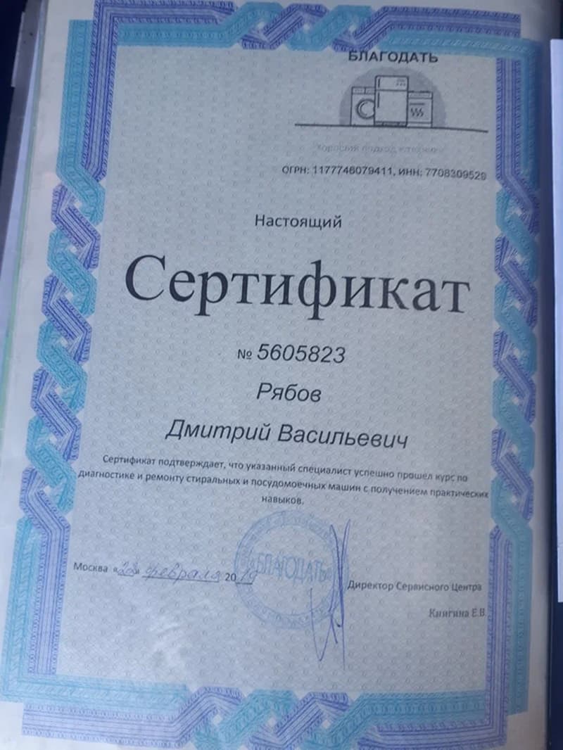 Сертификат мастера Дмитрия Рябова