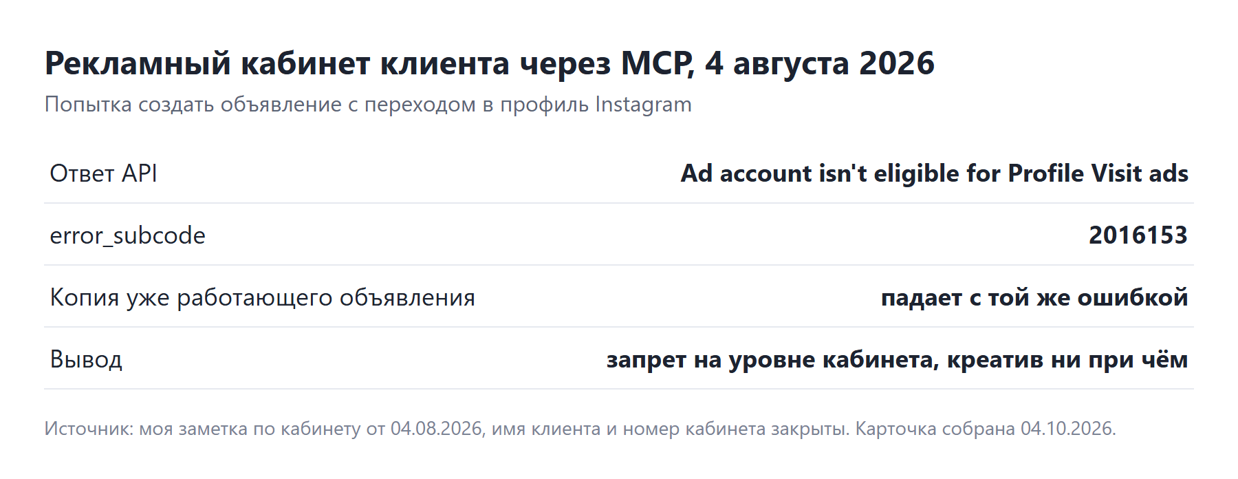 Ответ API рекламного кабинета: Ad account is not eligible for Profile Visit ads