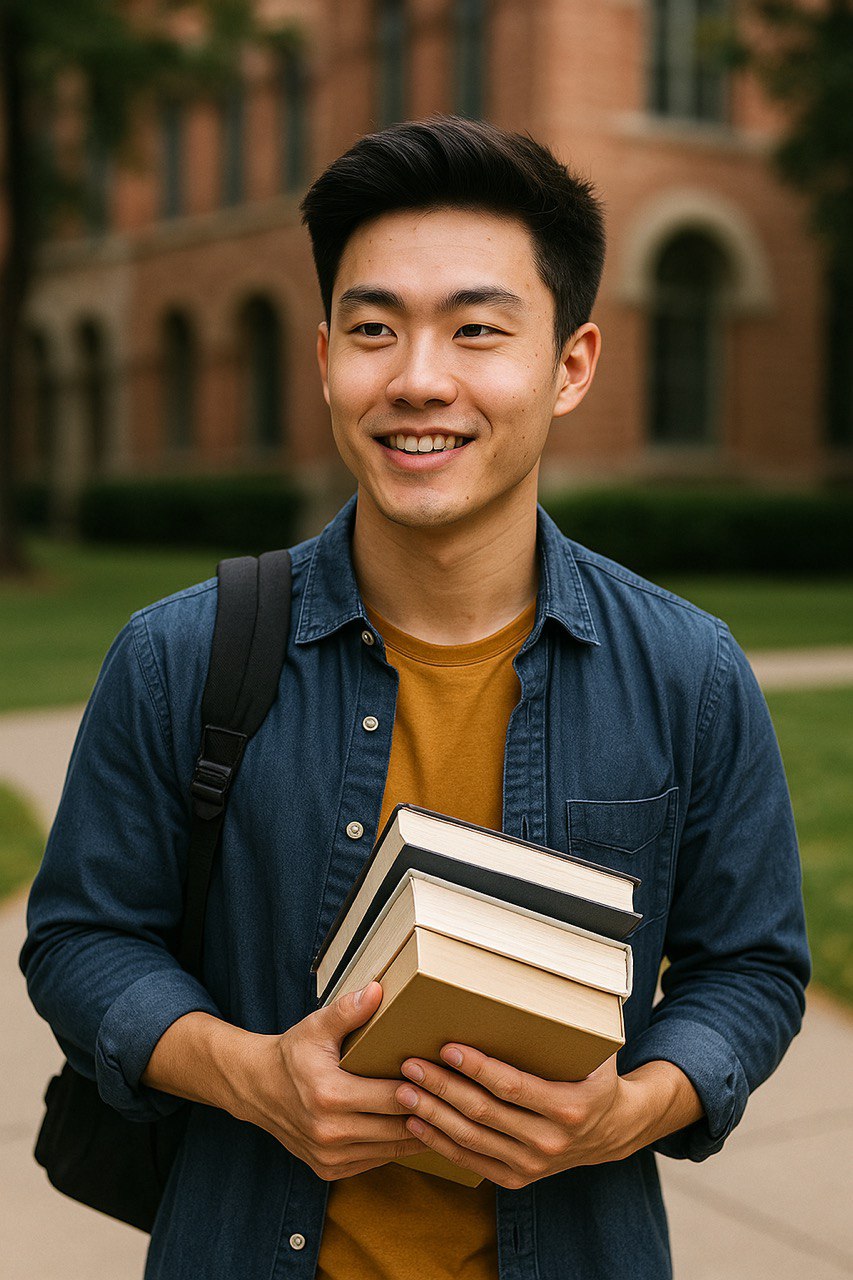 Chinese student with textbooks standing on a university campus