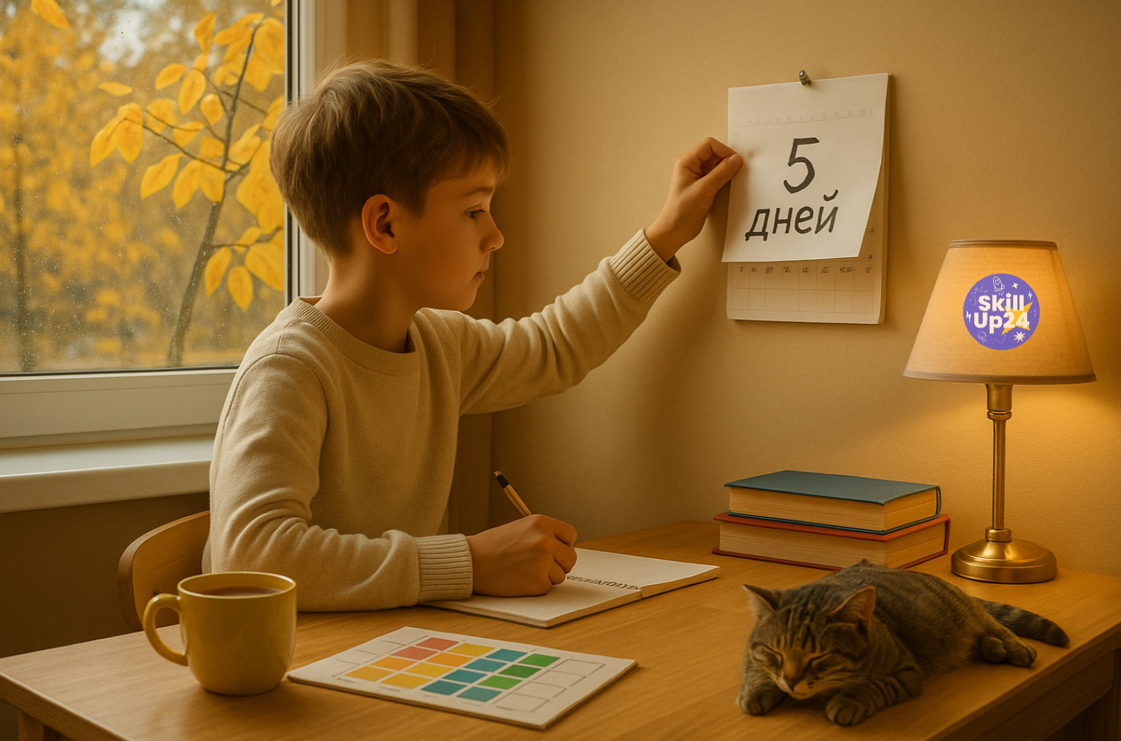 Ребёнок 10–12 лет стоит у настенного календаря и отрывает листок с надписью “Осталось 5 дней”, в уютной домашней комнате с осенним видом из окна, книгами, кружкой какао и тёплым вечерним светом