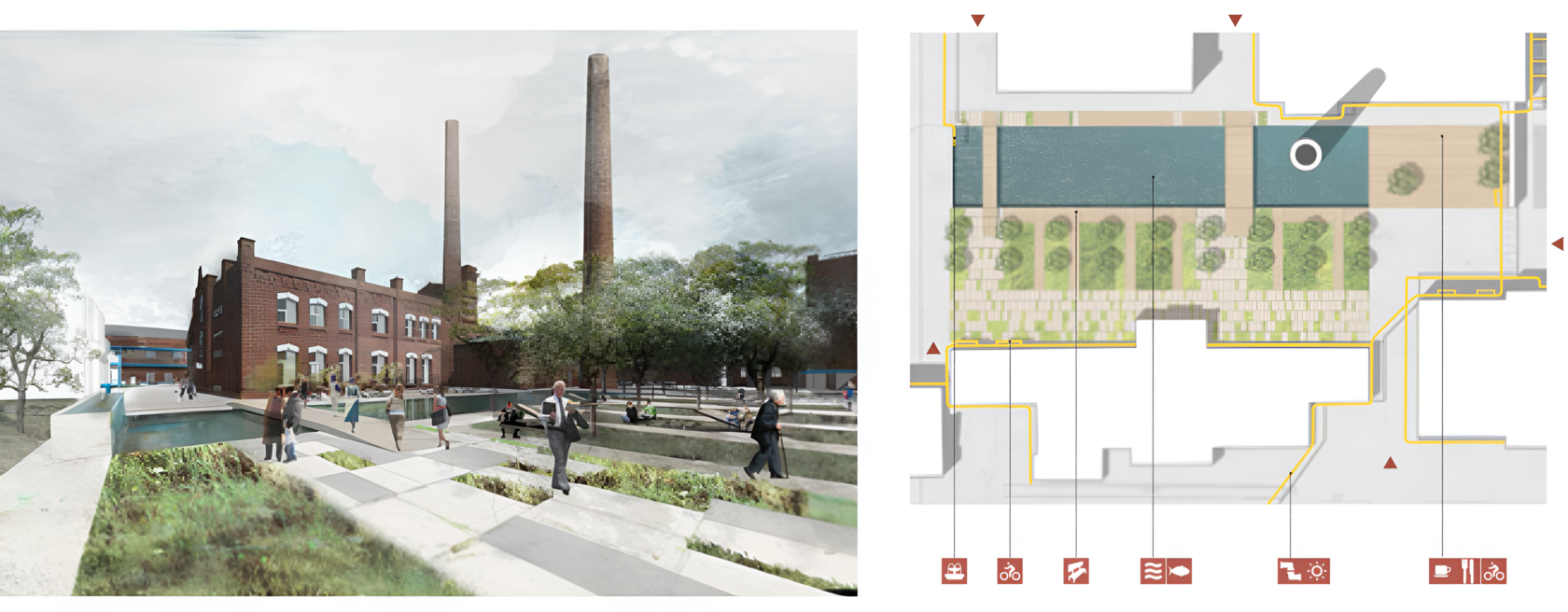 Renovation of the Kristall Factory. Square with a pond