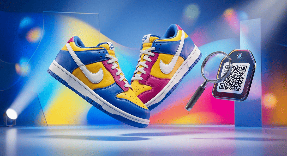 Объемные Nike Dunk парят над абстрактным фоном с увеличительным стеклом