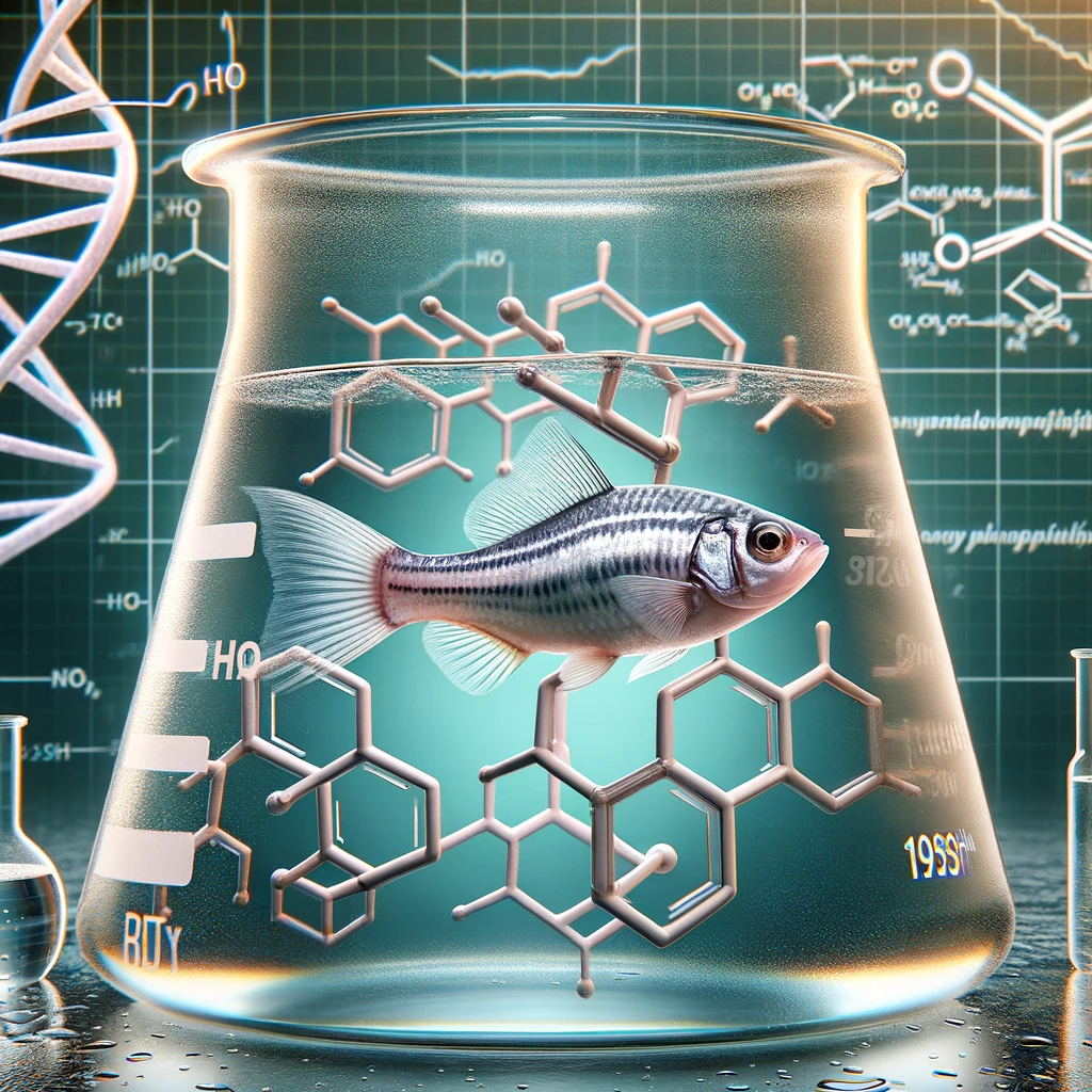 A conceptual image symbolizing the study of propylparaben's effects on zebrafish. The image combines elements of a laboratory setting with aquatic life, featuring a zebrafish swimming through a maze shaped like a chemical structure, representing propylparaben. The maze is semi-transparent, floating in a water-filled laboratory beaker, symbolizing the experimental environment. The zebrafish appears curious yet cautious, navigating the maze, illustrating the exploration of neurodevelopmental impacts and long-term neurotoxicity. The background subtly reflects scientific data and brain neuron patterns, hinting at the neurological focus of the study.