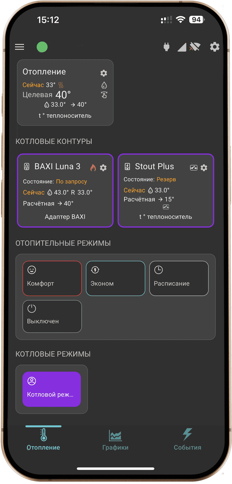 Интерфейс приложения Zont вкладка Отопление пример реализации функции резервирования котлов