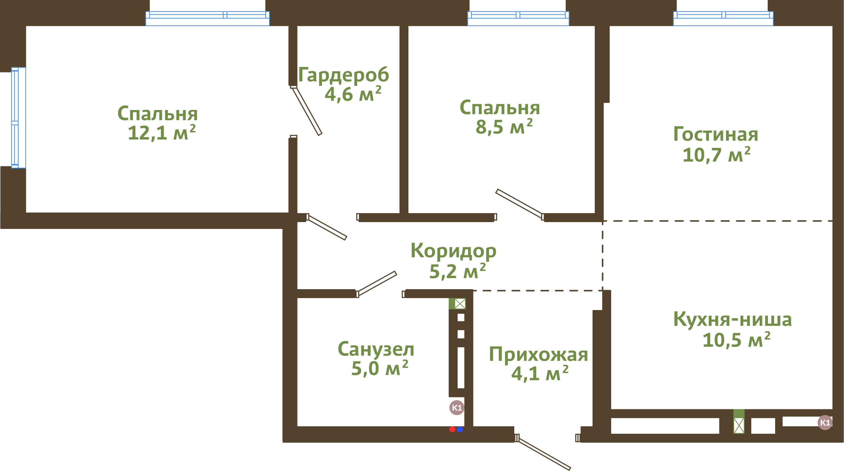 Планировка 3-комнатной квартиры 60,70 м²