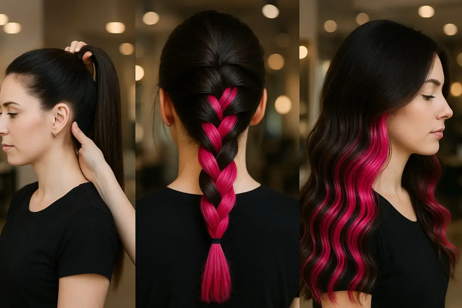 Три варианта укладок с розовыми прядями скрытого окрашивания на тёмных волосах