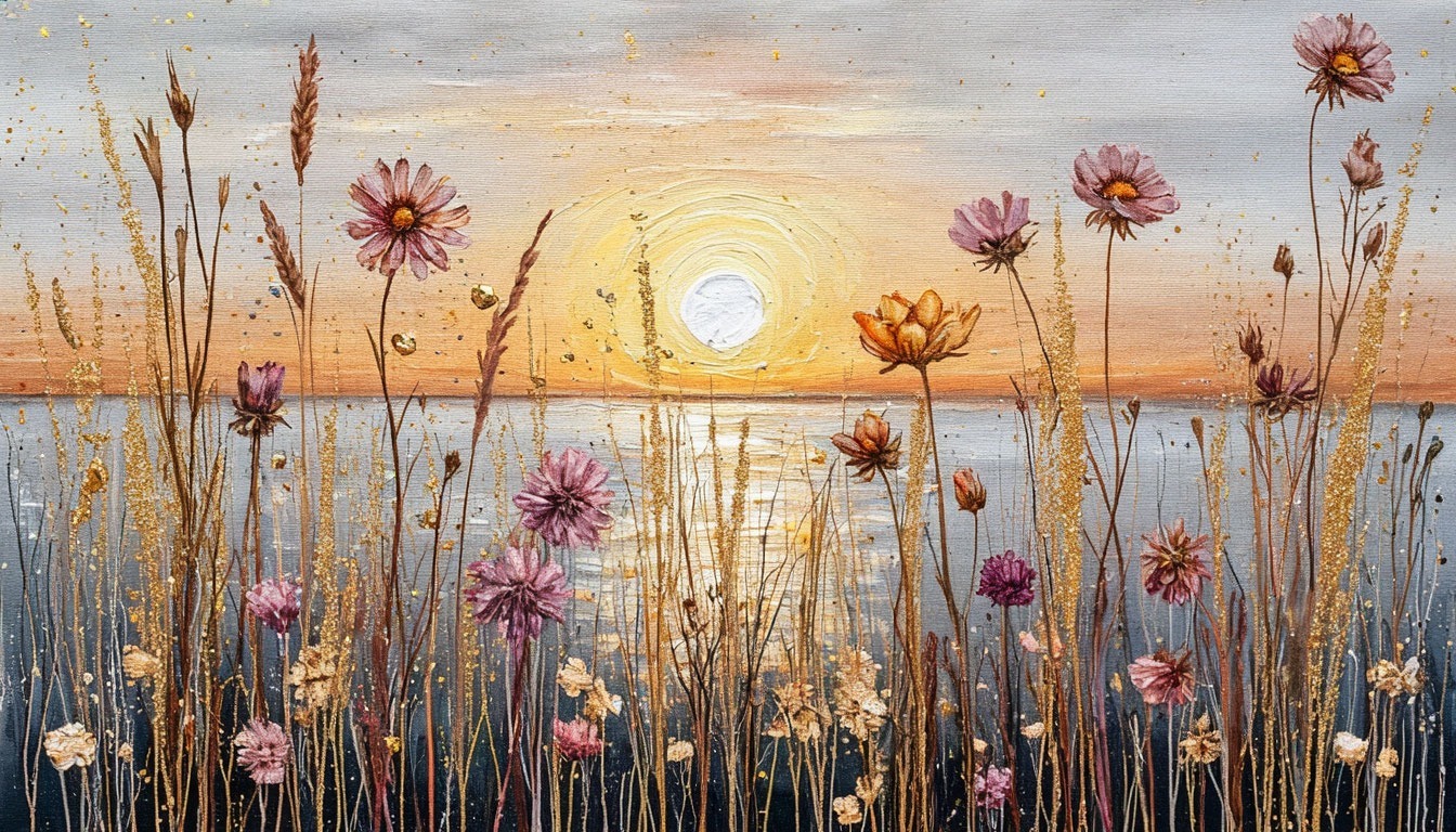 Картина: цветы и закат, минимализм