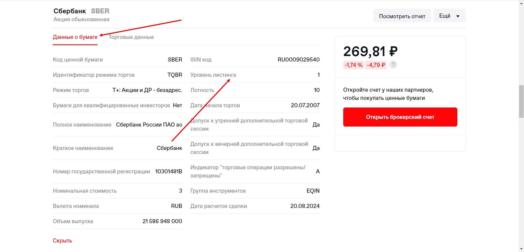 Карточка ценной бумаги на сайте Московской биржи