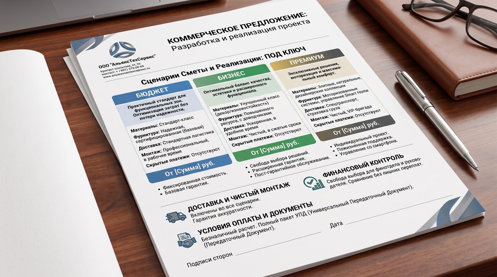 Официальное коммерческое предложение с тремя вариантами сметы для финотдела
