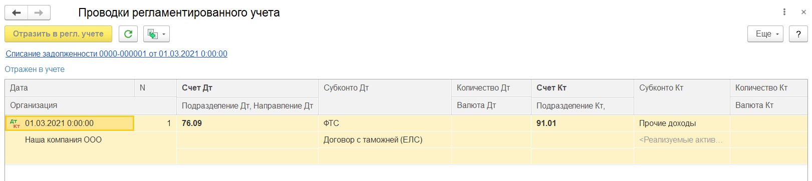 1С Комплексная автоматизация и ERP 2: Проводки документа Списание задолженности