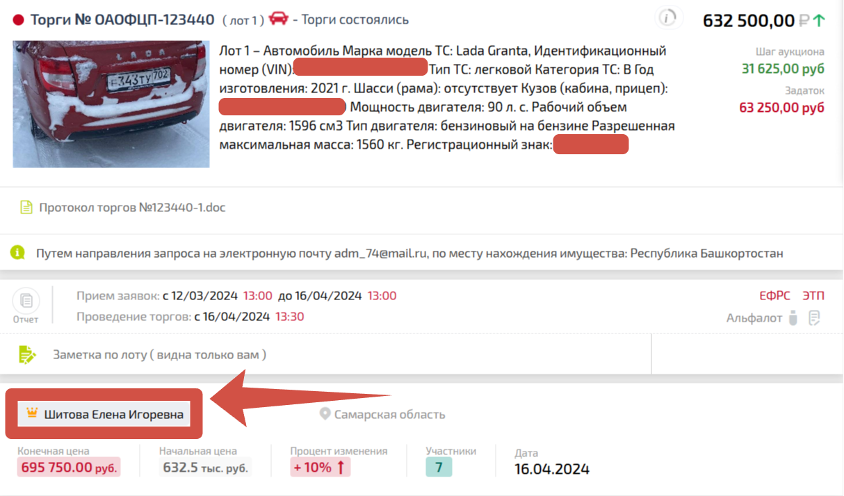 Пример завершённых торгов 15