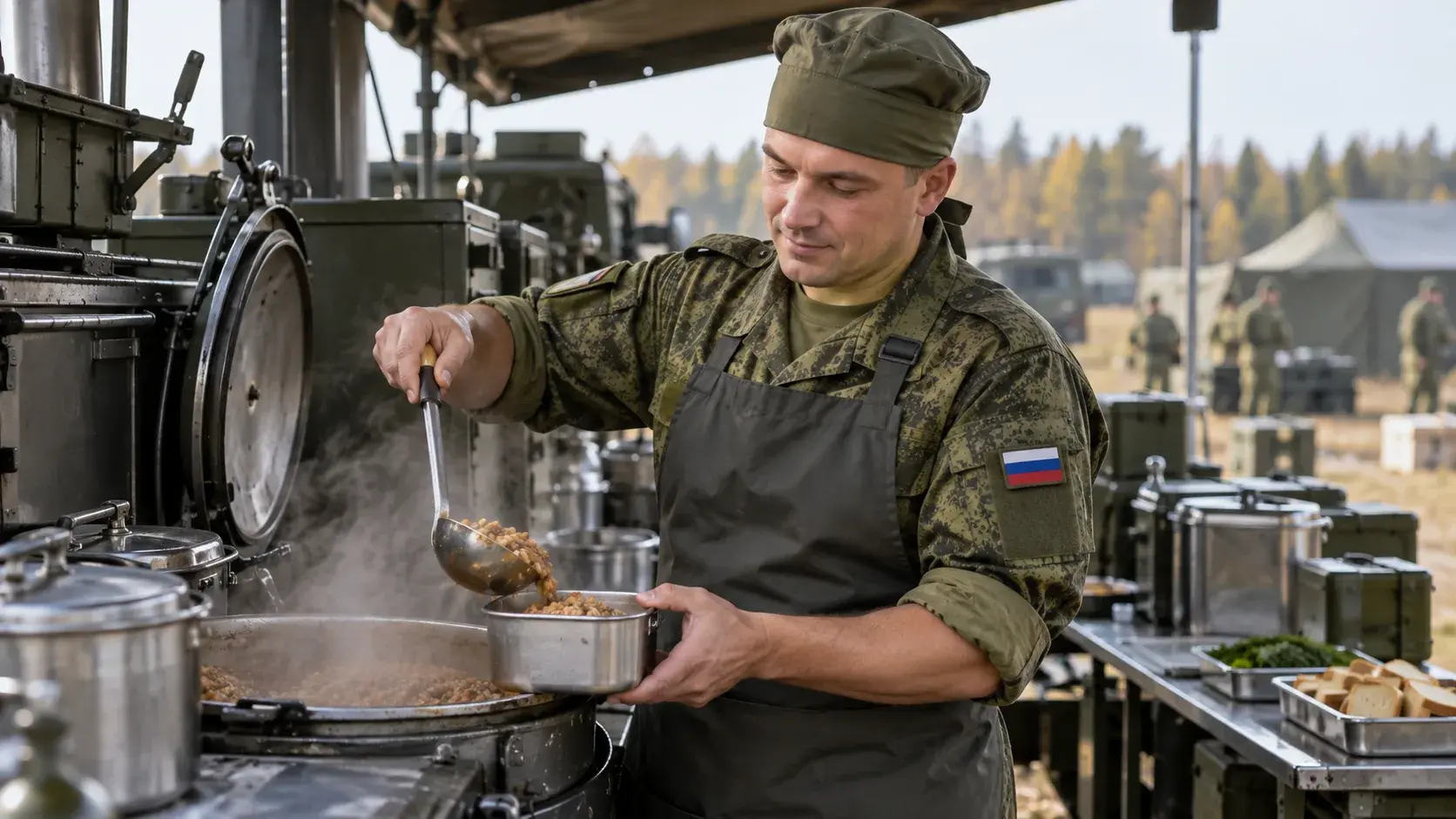 Военный повар готовит пищу на полевой кухне