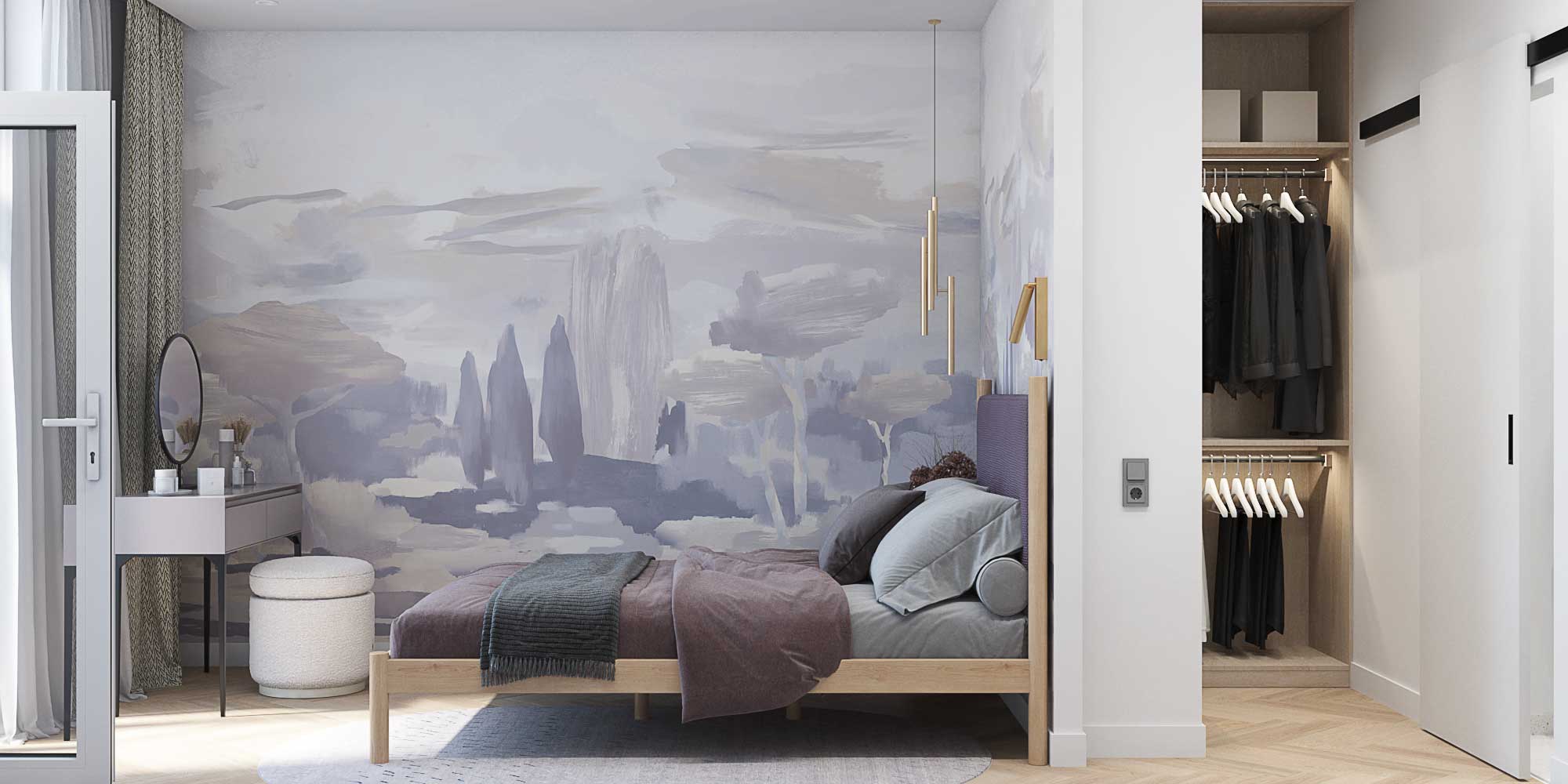 Спальня с белыми стенами и гардеробная. Фото-обои сиреневого цвета. туалетный столик и пуфик