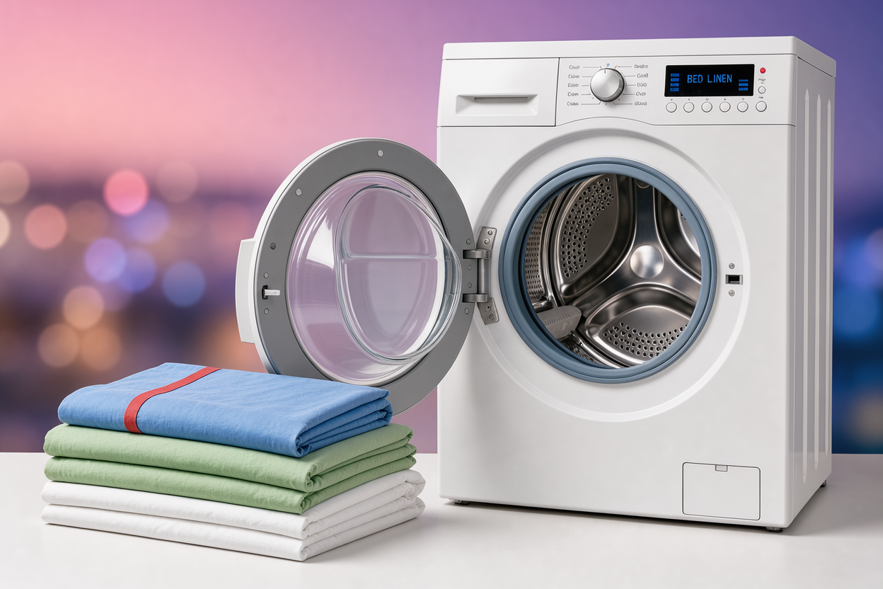 open washing machine drum with neatly folded bed linen beside it and the machine control panel showing a cycle selection
