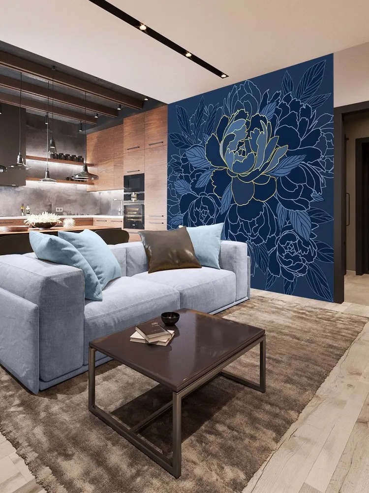 Тёмные обои с пионами в интерьере, ширина 3 метра