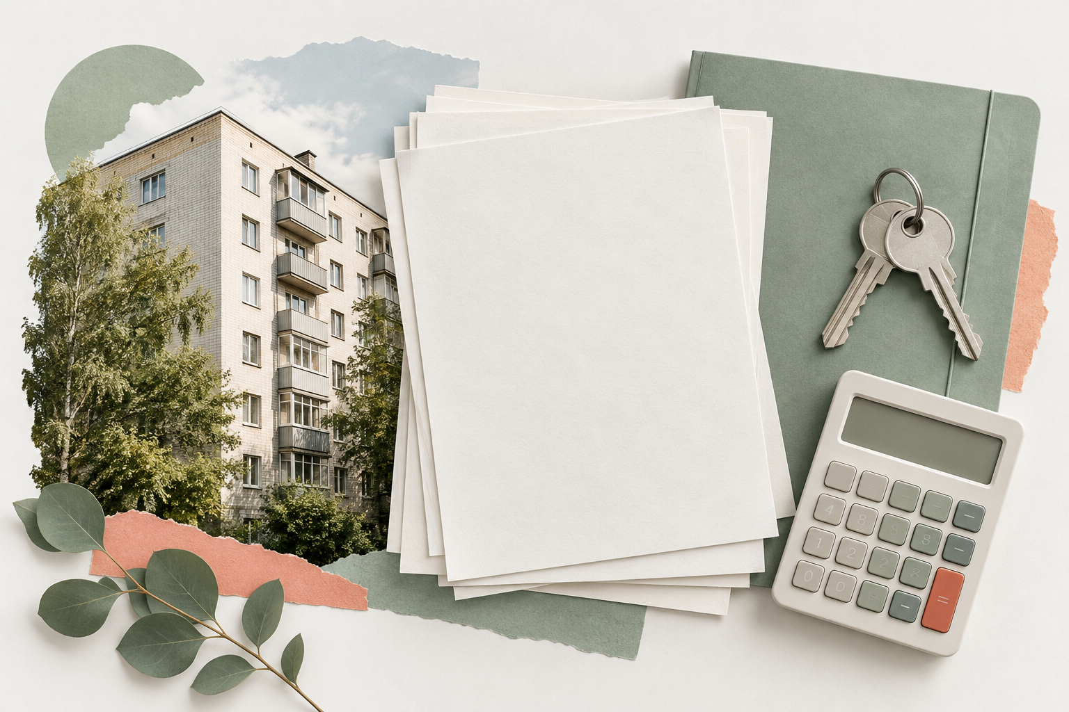 Иллюстрация: жилой дом, документы, ключи и калькулятор