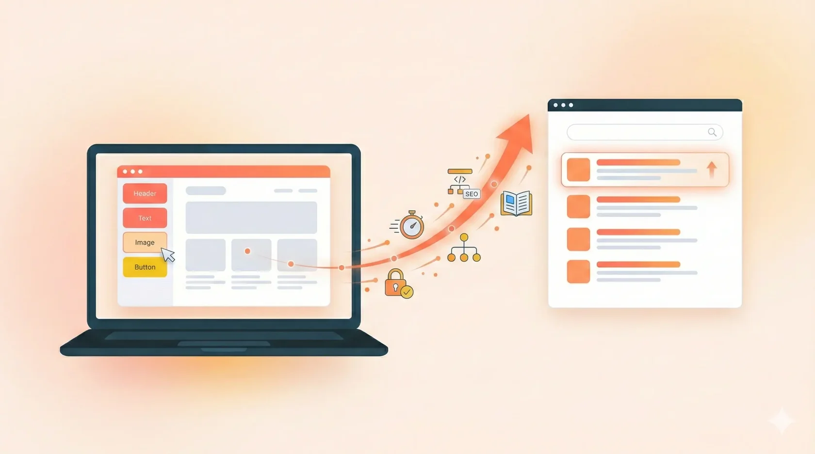 Схема: конструктор Tilda и SEO — путь от настройки сайта к росту видимости в поиске (скорость, SSL, sitemap, микроразметка, контент)