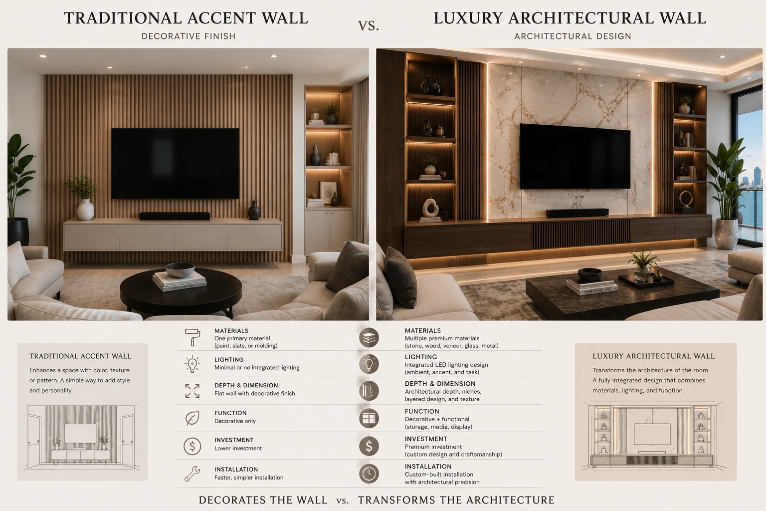 Editorial comparison showing the differences between a traditional accent wall and a luxury architectural wall with premium materials, integrated lighting, and custom millwork.