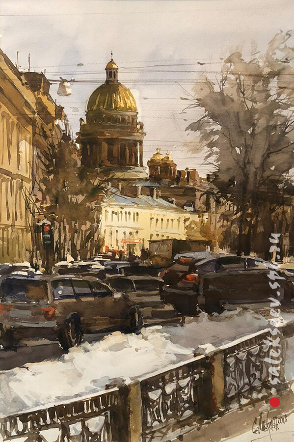 Winter views of the St. Isaac's Cathedral. 2018. Watercolor on paper, 56x36 cm