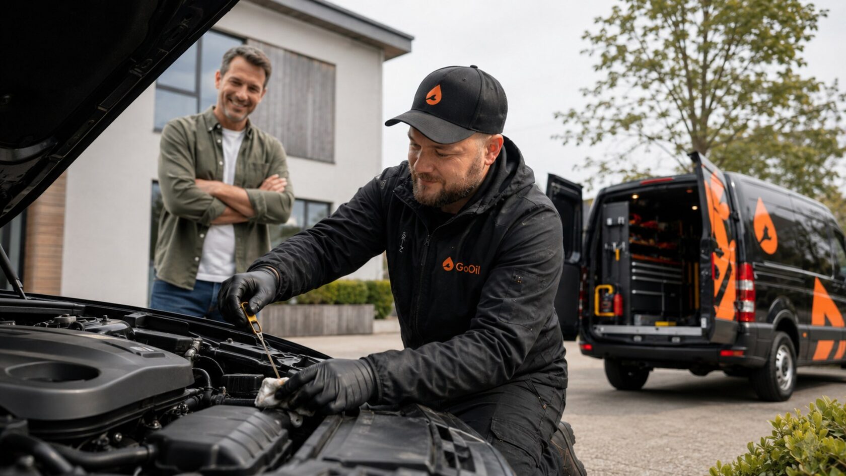 GoOil mechanic checking oil during mobile car service at customer home