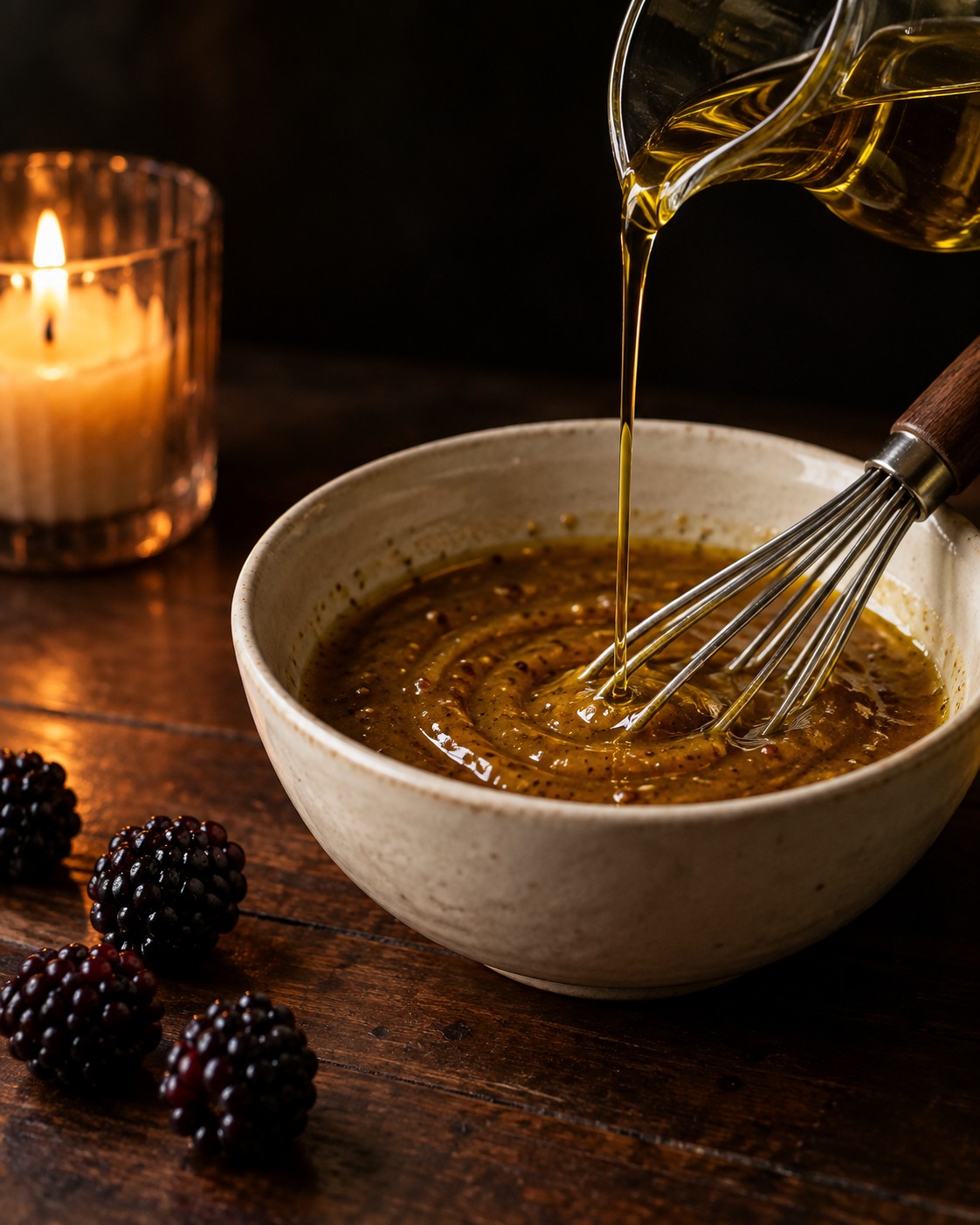 Whisking balsamic vinegar, Dijon mustard and maple syrup with olive oil into a thick, glossy dressing