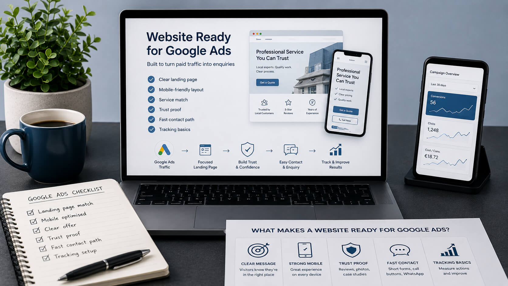 Abstract Google Ads ready website concept showing landing page structure mobile layout trust proof enquiry path and tracking basics.