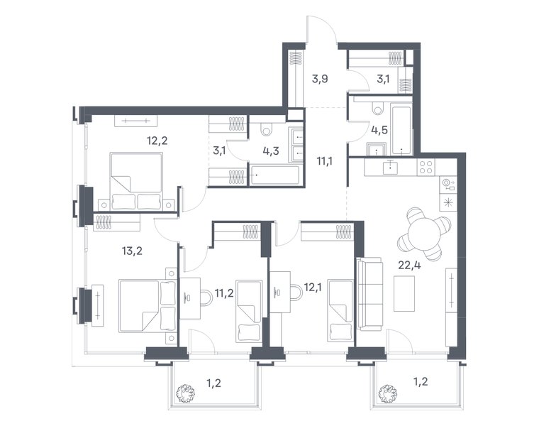 Планировка квартиры с 4 спальнями 103,5 м² в ЖК Portland: корпус 8, секция 4, 13-й этаж