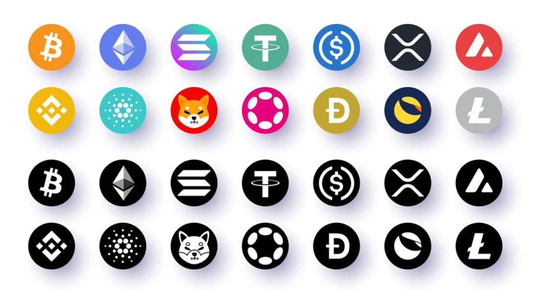 Active trading: Logotypes of the main cryptocurrencies representing the most traded cryptocurrencies