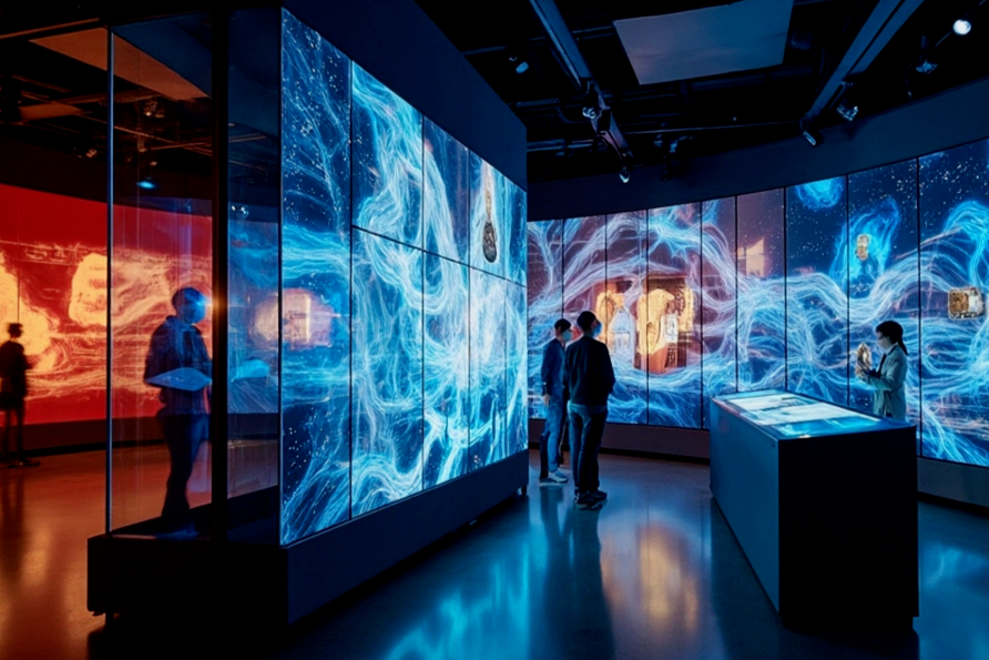 Immersive digital museum gallery with visitors exploring large interactive video walls.