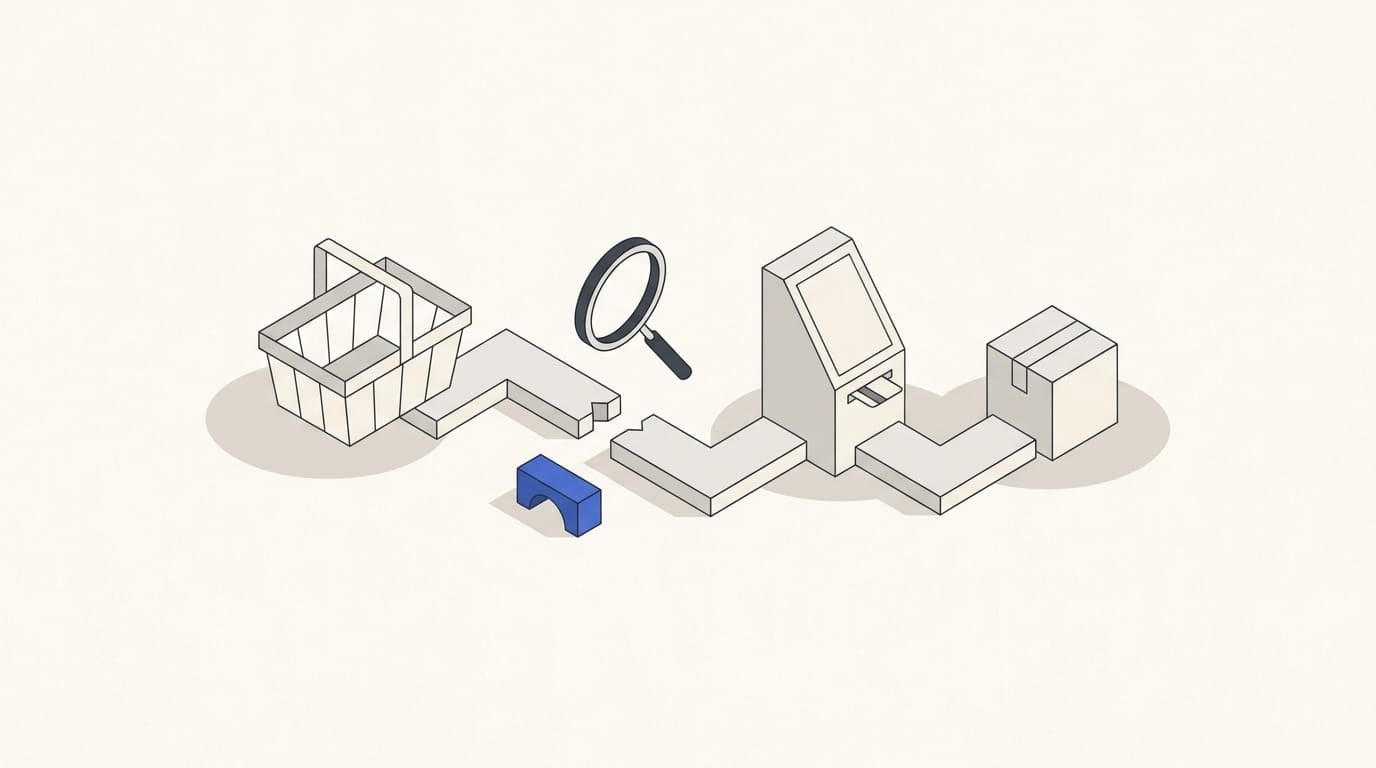A basket, payment terminal and parcel on a route with a gap examined by a magnifying glass.