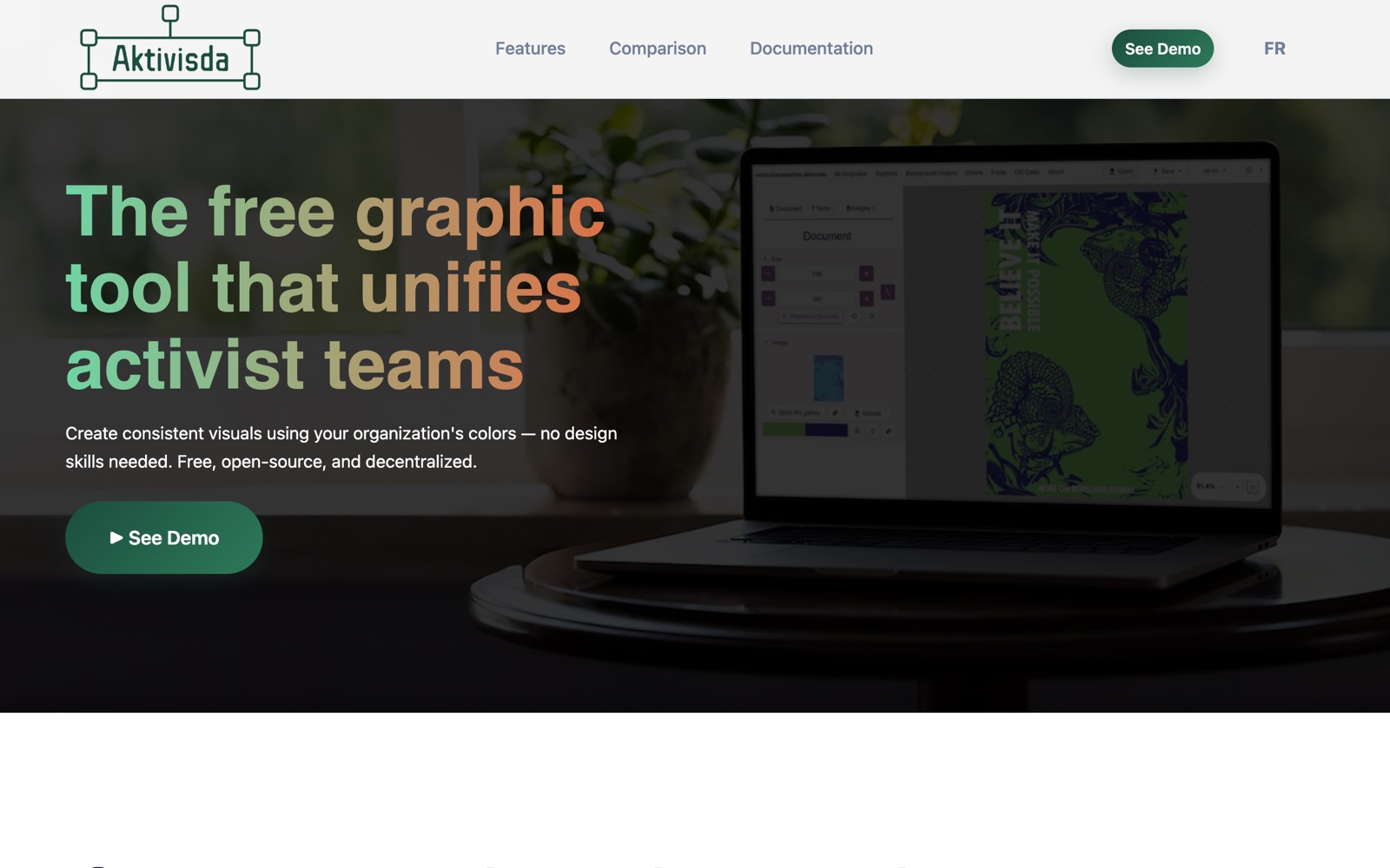 Aktivisda homepage screenshot: free open-source graphic tool for teams