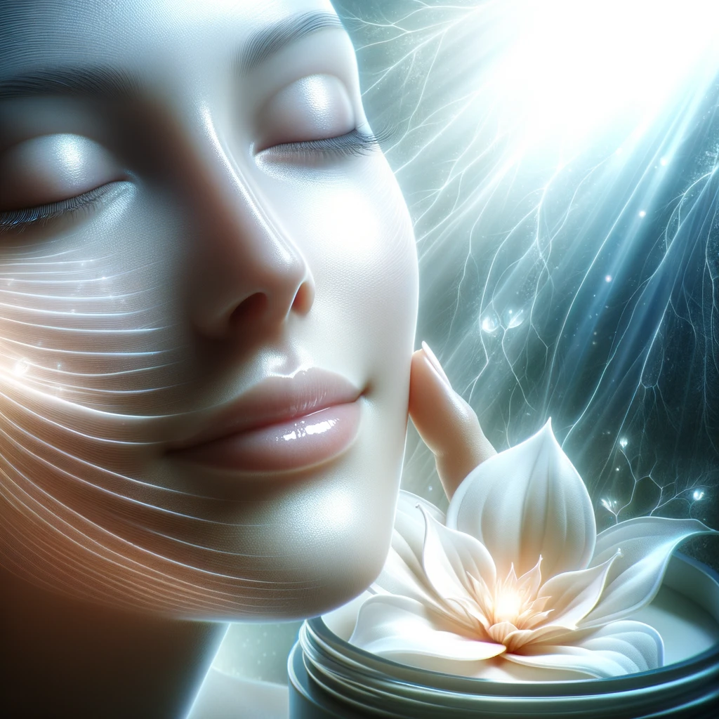 A serene and uplifting image that encapsulates the concept of skin rejuvenation and the effects of a special cream containing SKP-CM. Visualize a close-up of a person's face, radiating a healthy glow, with visibly smooth, elastic, and youthful skin. The skin appears resilient, reflecting a sense of wellbeing and protection against environmental stresses. The overall atmosphere should convey tranquility and vitality, embodying the transformation and rejuvenation associated with the skincare cream. No text or symbols, just the pure, soothing essence of revitalized skin.