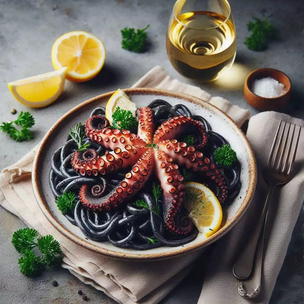 A gourmet dish of black pasta with tender octopus, elegantly presented with vibrant garnishes, perfect for a luxurious dining experience in one of the best restaurants in Estepona.