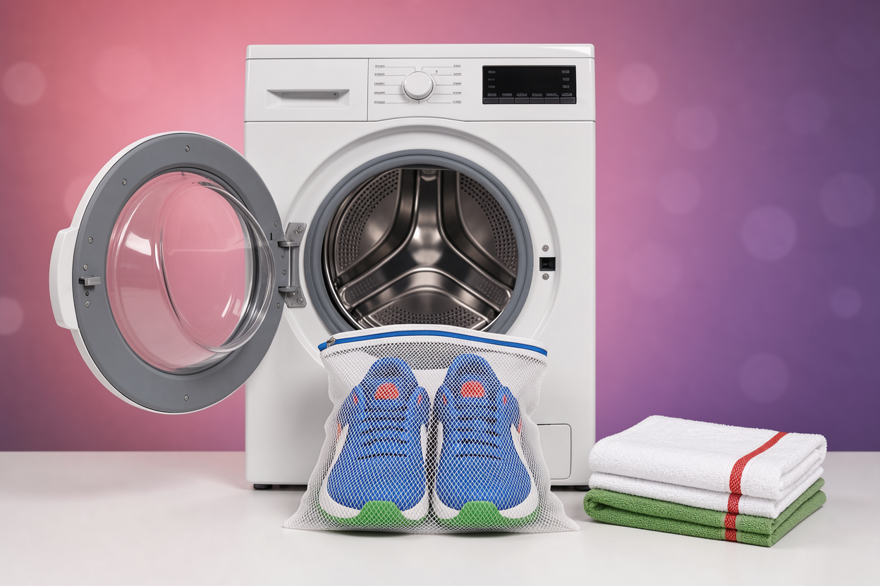 front-loading washing machine door open with a mesh laundry bag containing a pair of sports sneakers and a folded towel beside it, illustrating safe machine loading