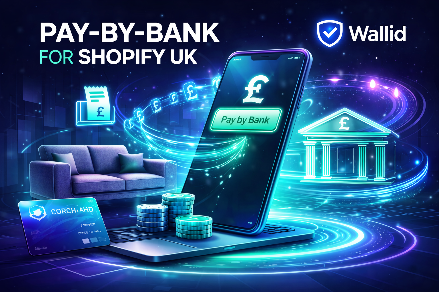 Futuristic illustration of Pay by Bank checkout for furniture ecommerce showing sofa purchase and Wallid payment technology