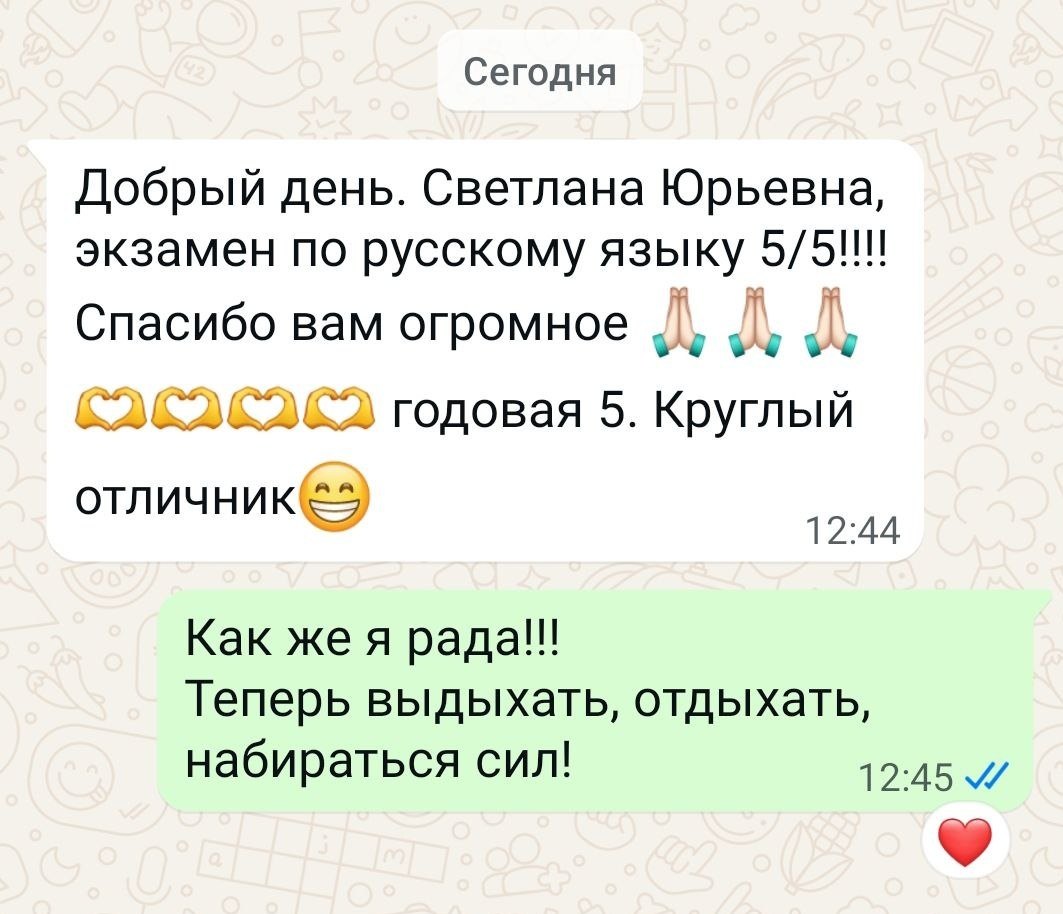 Отзыв: экзамен по русскому языку 5 из 5, годовая 5, круглый отличник