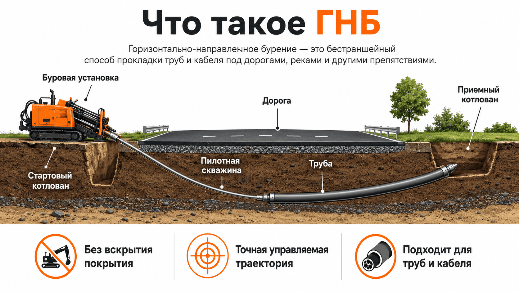 Основные элементы ГНБ: буровая установка, буровые штанги, расширитель, вертлюг и труба