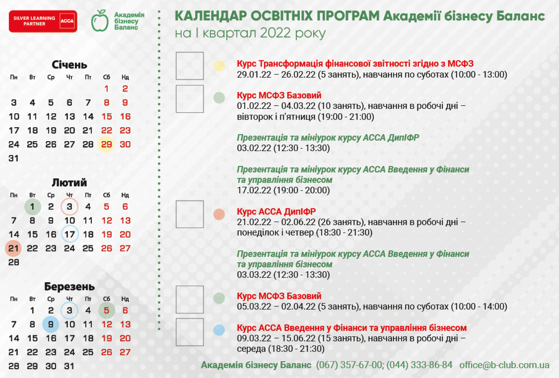 Календар освітних програм Академії бізнесу Баланс