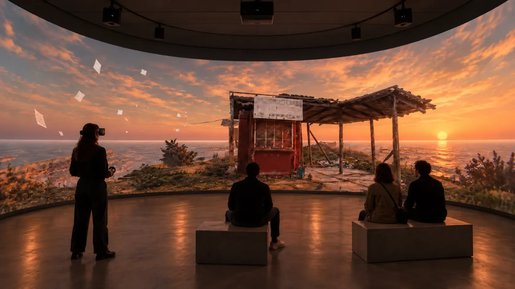 Installation concept: a semicircular projection surrounds seated visitors and a participant in PCVR