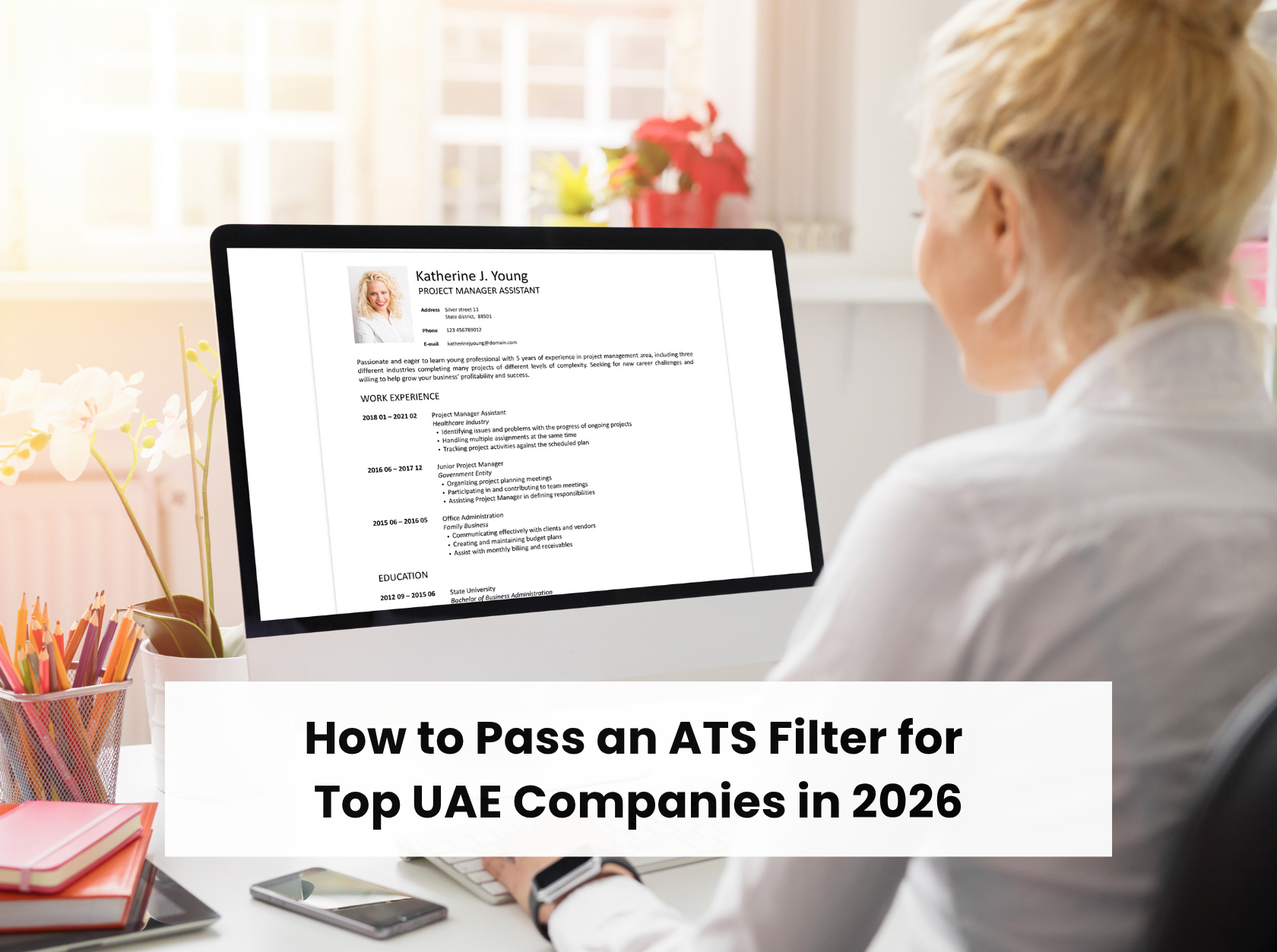 A woman in a professional environment optimizing a clean, text-searchable CV for an ATS system, featured alongside a title for a 2026 guide on navigating applicant tracking systems.