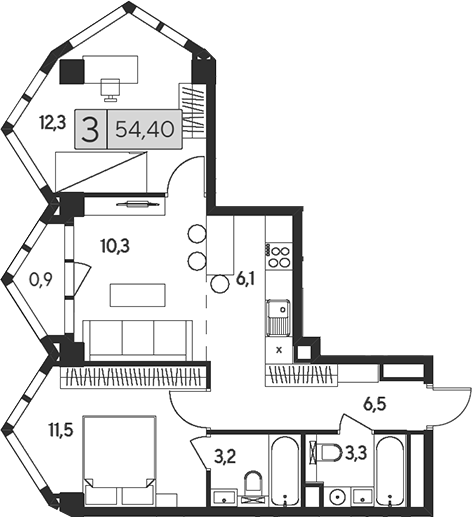 3-комн 54,40 м²