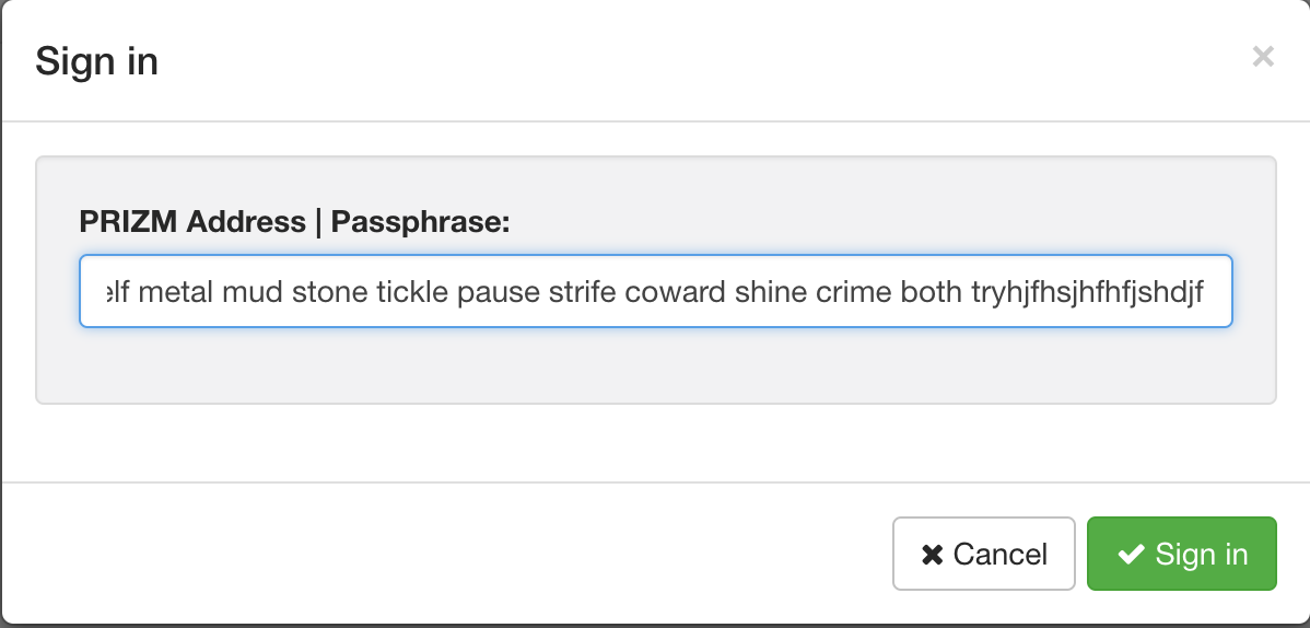 sign in prizm wallet