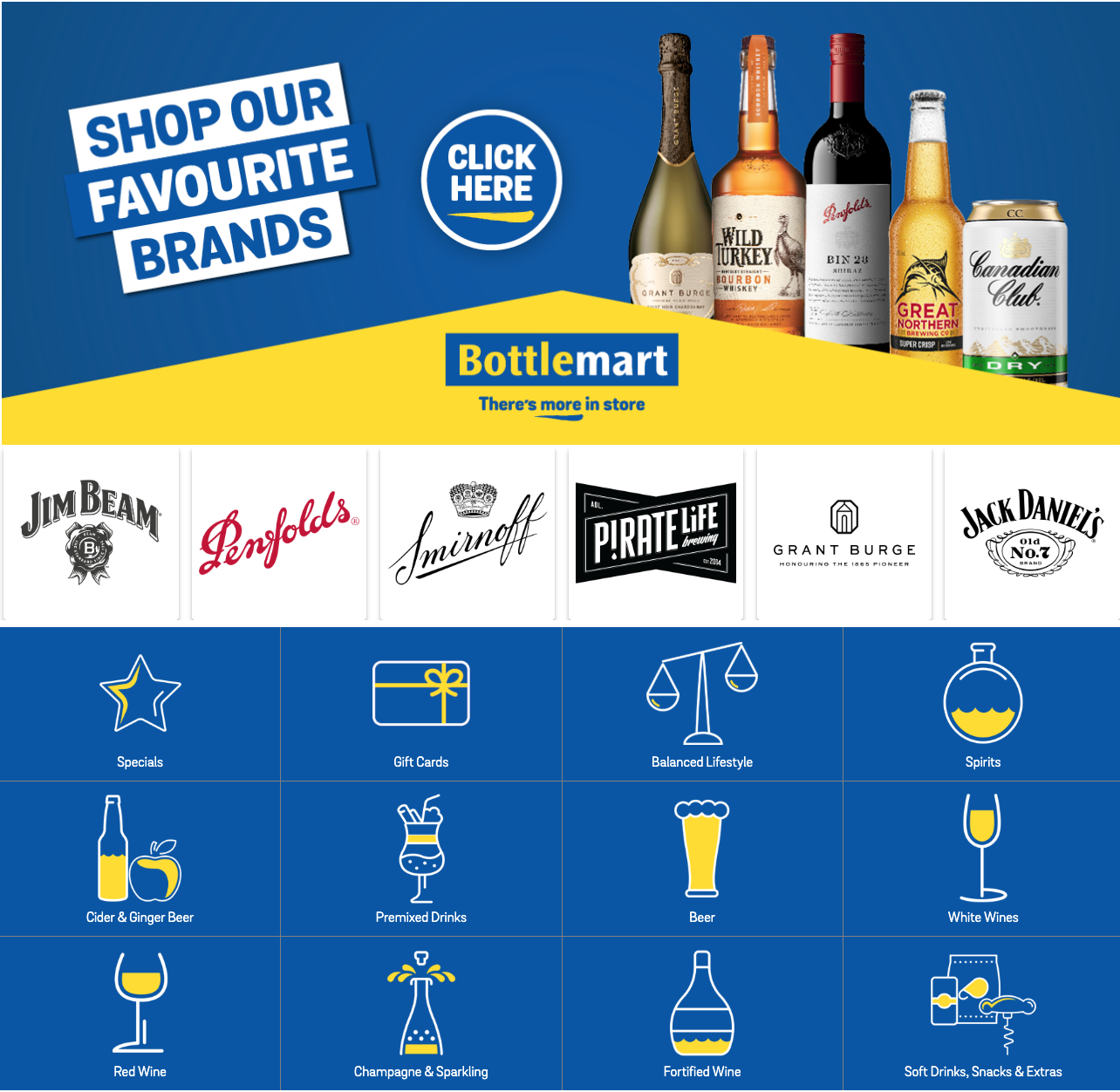 Bottlemart Augusta – local liquor store in Augusta, Western Australia, offering beer, wine, spirits, premixed drinks, cider, and champagne from top brands like Jim Beam, Penfolds, Smirnoff, Pirate Life, Grant Burge, and Jack Daniel's